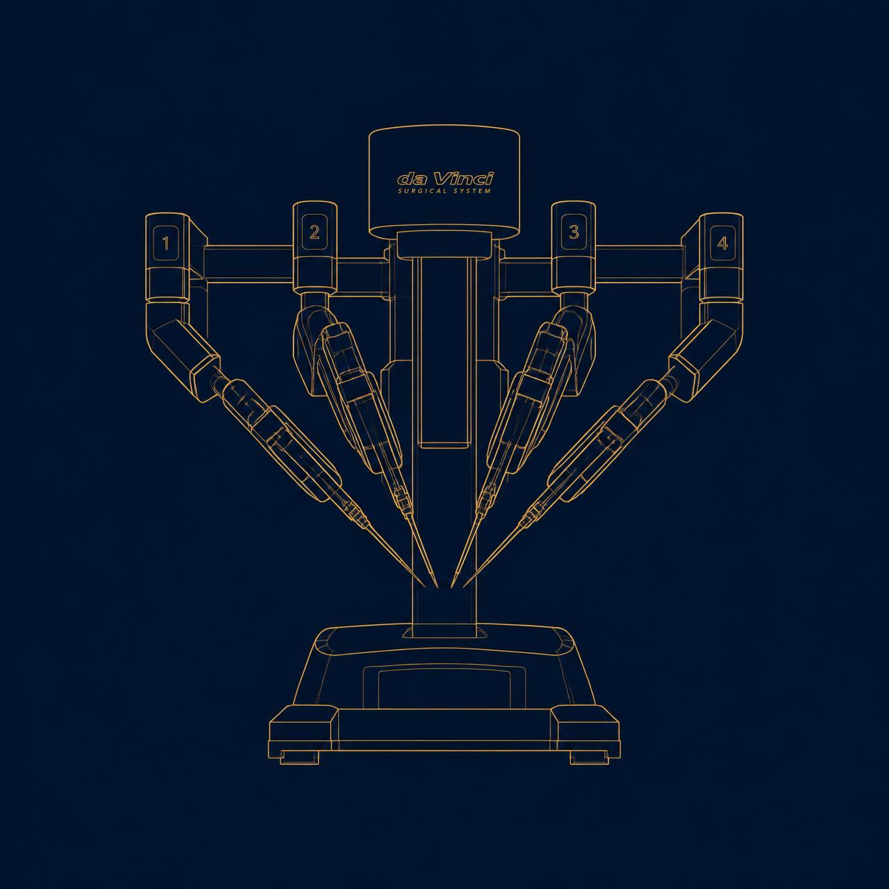 Technical illustration of a da Vinci surgical robot